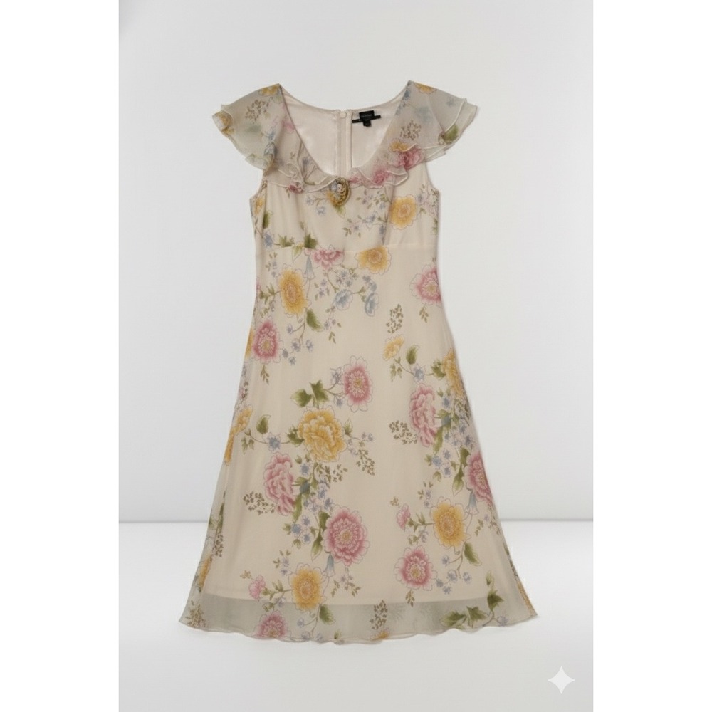 I.C.E Y2K 90s Silk Midi Dress Sz 4 Multicolor Floral Bow‎ Sleeveless VTG